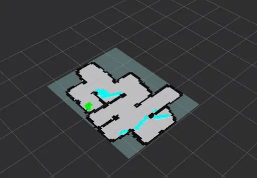 Occupancy grid of a maze with frontier cells highlighted along the boundary between mapped and unmapped space